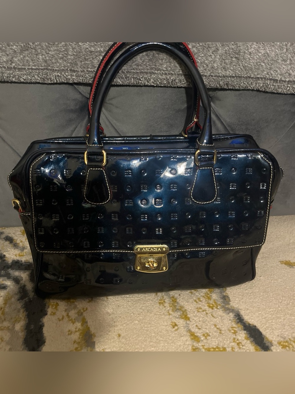 Arcadia Navy Patent Satchel with Gold Hardware